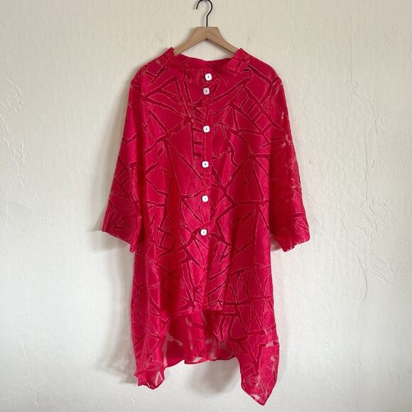 IC by Connie K Long Duster Button Front Tunic Jacket 1X Red Semi Sheer Geometric - Picture 1 of 6
